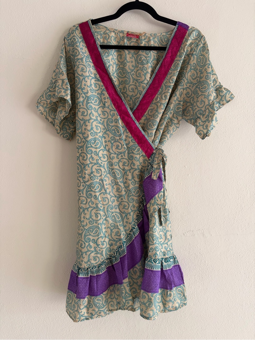 Boho Wrap Dress with Pink & Purple Trim from India
